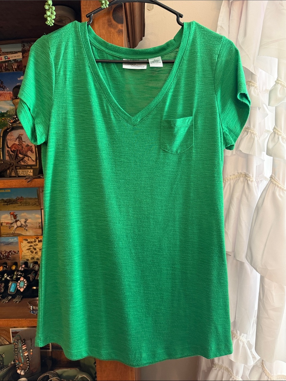 Allison Brittney Emerald Green V-Neck Short Sleeve Tee with Pocket